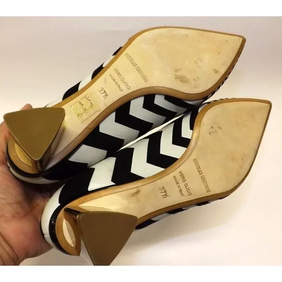 Nicholas Kirkwood Gold Prism Pump Chevron Point Toe Heel Black White Sz 7 ZigZag - Picture 7 of 12